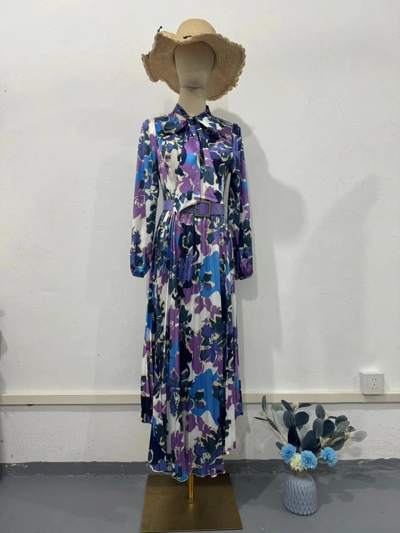 Printed Scarf Neck Elegant Design Dress Spring Fitted Waist New Puff Sleeve eprolo