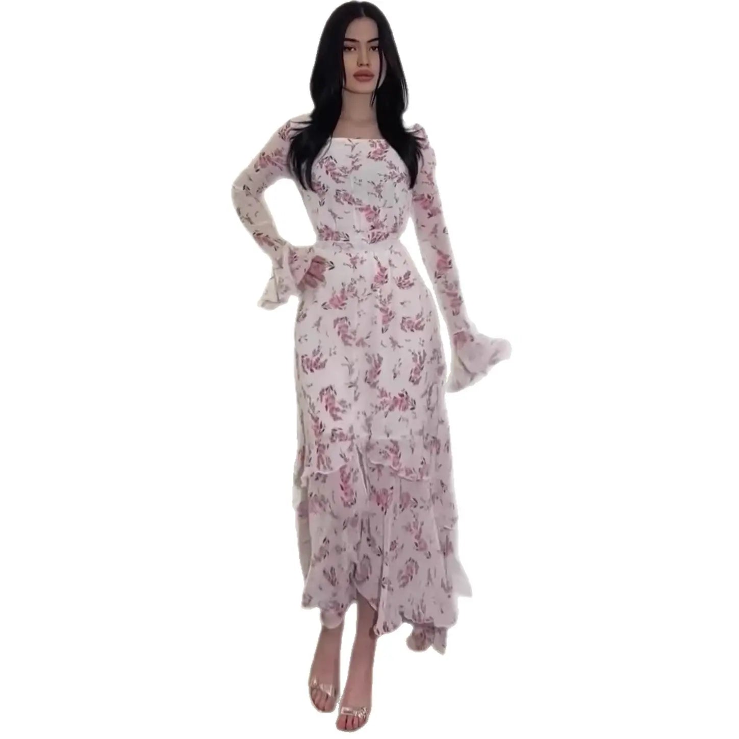 Summer Irregular Dress Long Sleeve Floral Chiffon Ruffle SleeveMaxi Dress eprolo