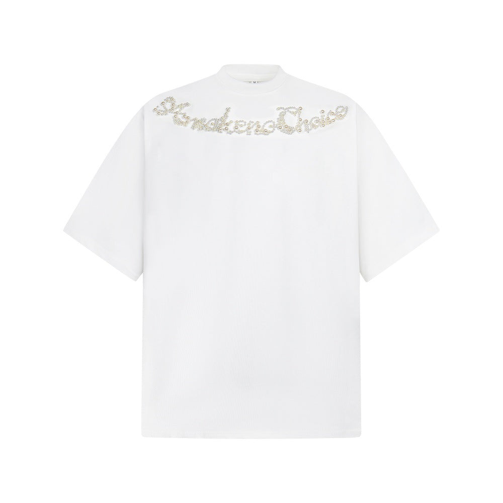 Nail bead letter pure cotton short sleeved shirt