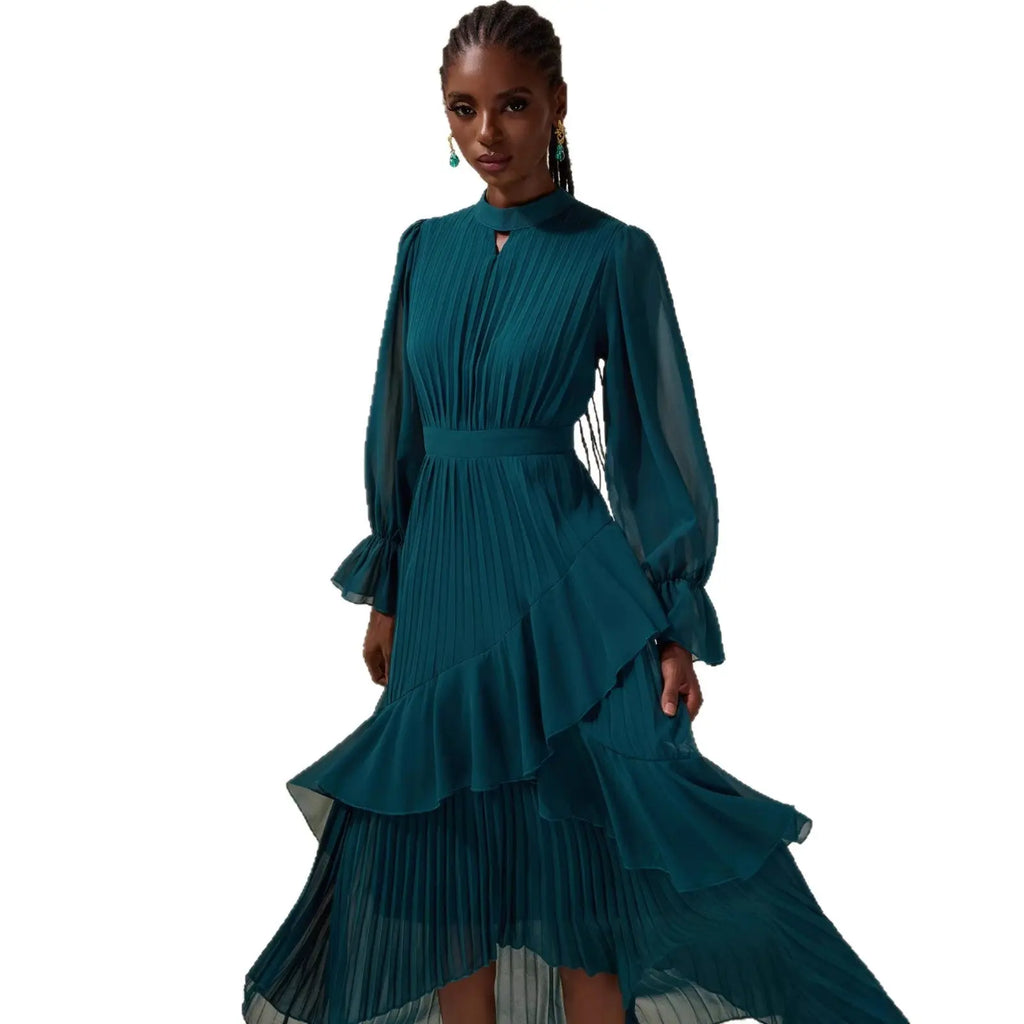 Pleated Midi Dress with Long Sleeves, Elegant Fashion Women's Dress eprolo