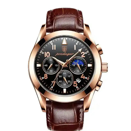Men’s luxury wristwatch with brown leather strap, black dial, gold case and chronograph subdials