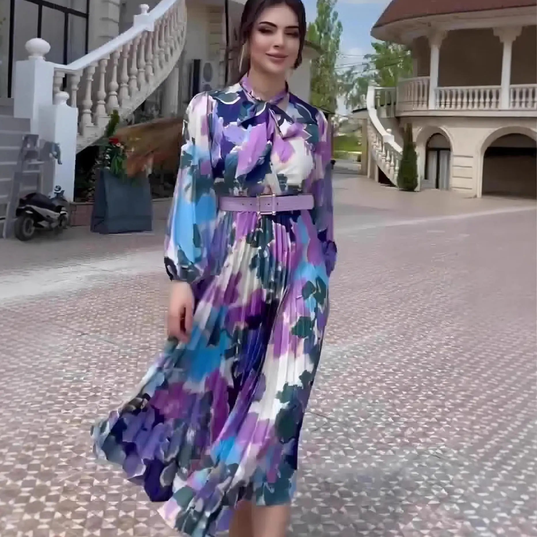 Printed Scarf Neck Elegant Design Dress Spring Fitted Waist New Puff Sleeve eprolo