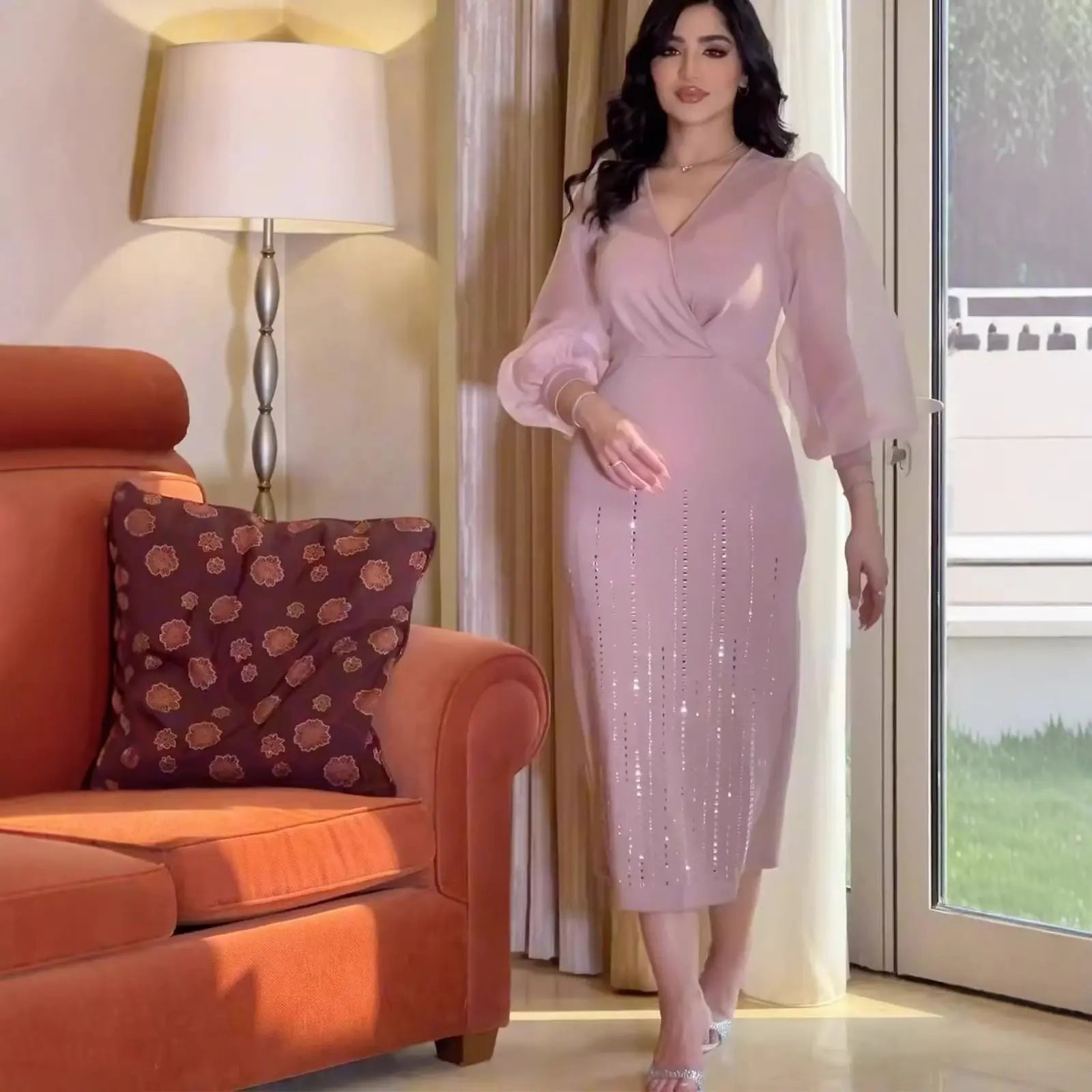 Elegant Sequined Chiffon V-Neck Lantern Sleeve Dress for Women Autumn Style eprolo