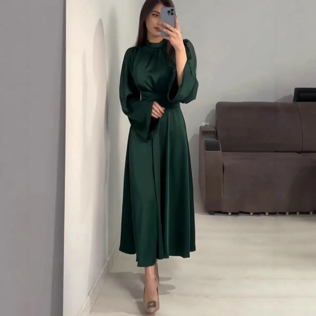 Narrow Waist  Solid Color Slimming New Design Dress for Women Long Sleeve Maxi Dress with Belt Spring eprolo