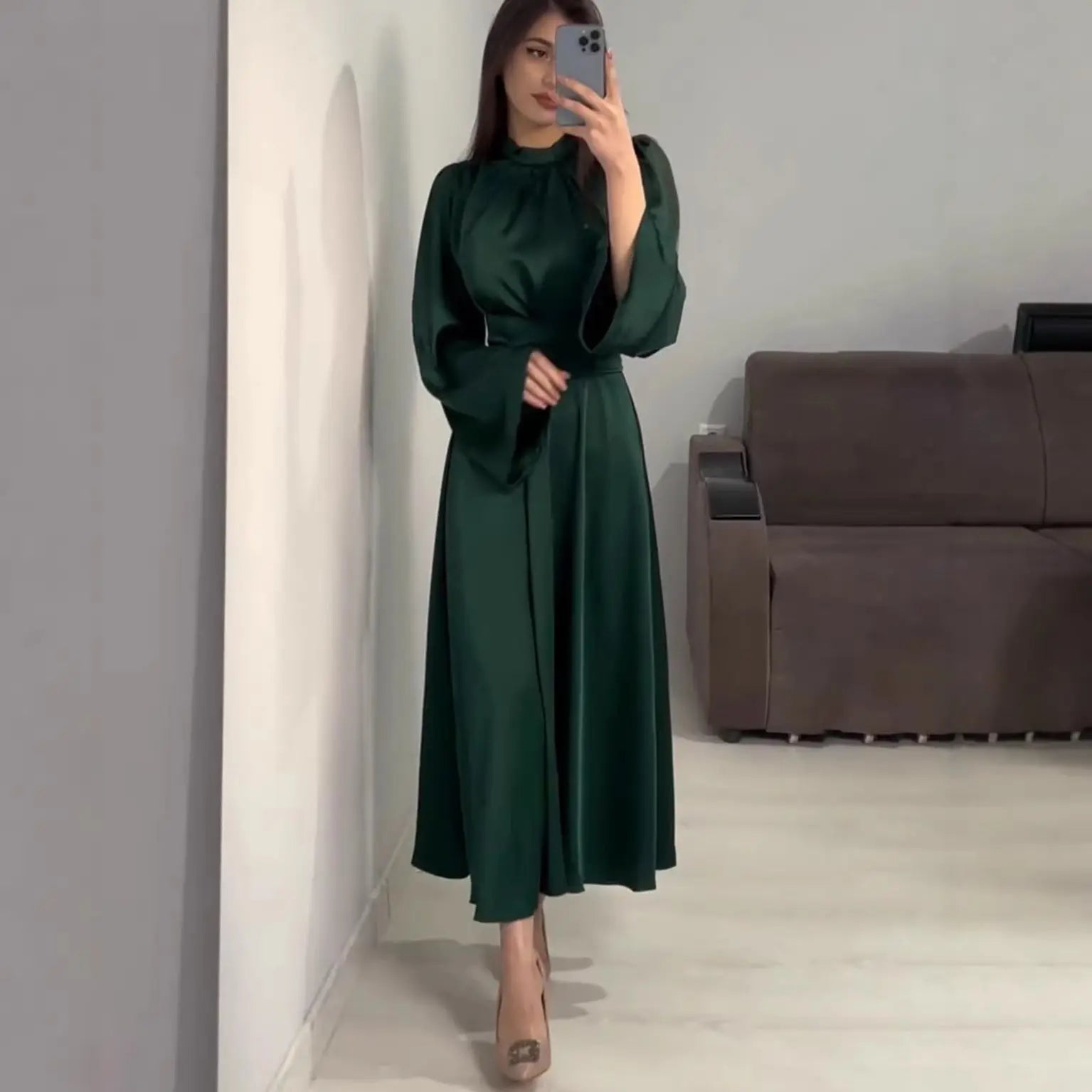 Narrow Waist  Solid Color Slimming New Design Dress for Women Long Sleeve Maxi Dress with Belt Spring eprolo