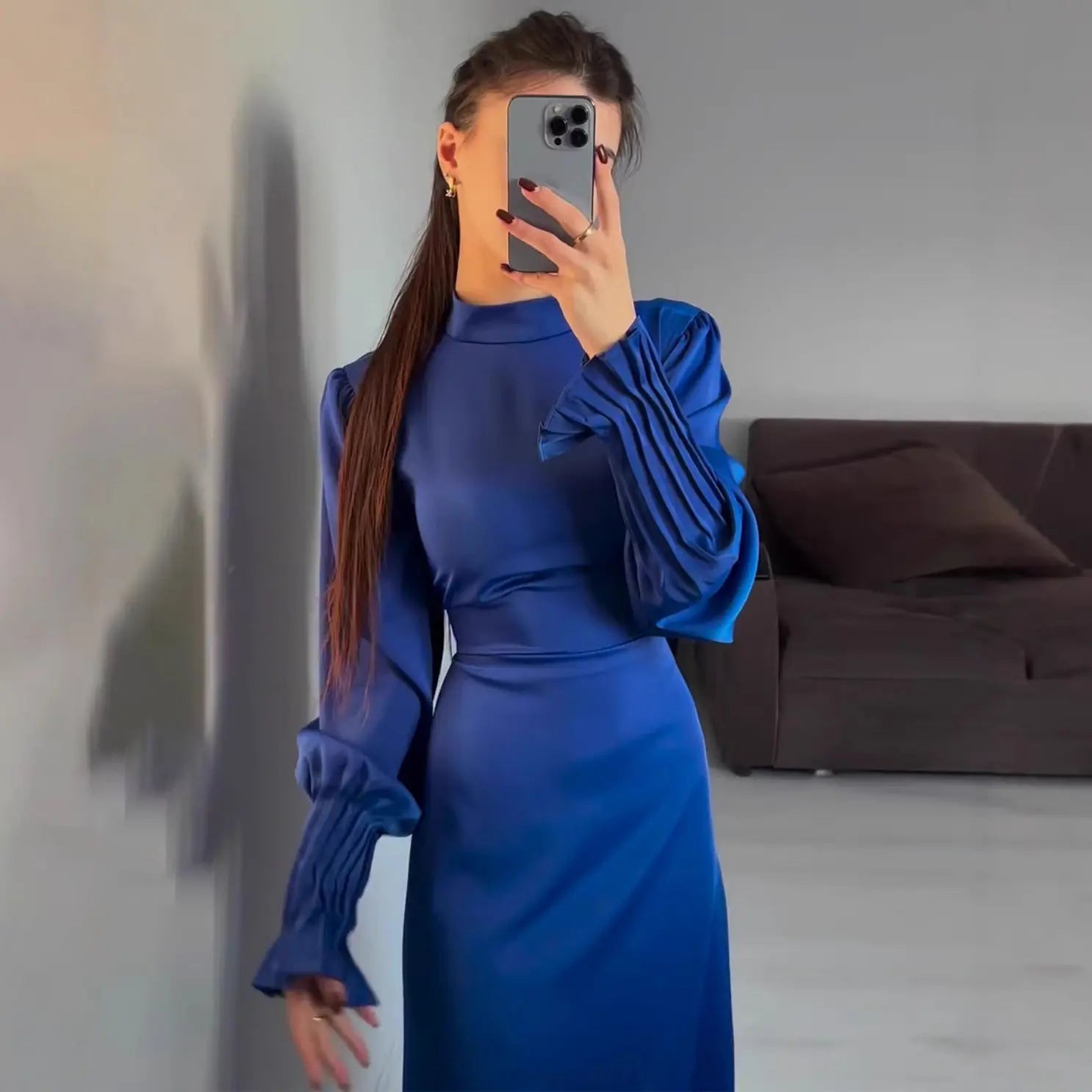 Royal Style Dress  Belted Waist-Cinching Pleated Design Blue Gray eprolo