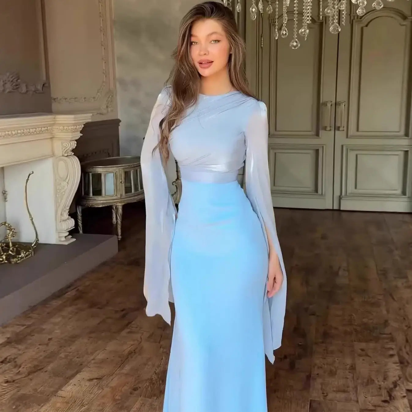 Patchwork Satin  Summer Sheath Dress with Fitted Silhouette, Glass Tulle Fabric, Long Sleeve eprolo