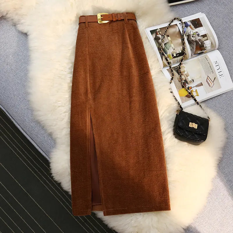 Corduroy slit skirt for women eprolo