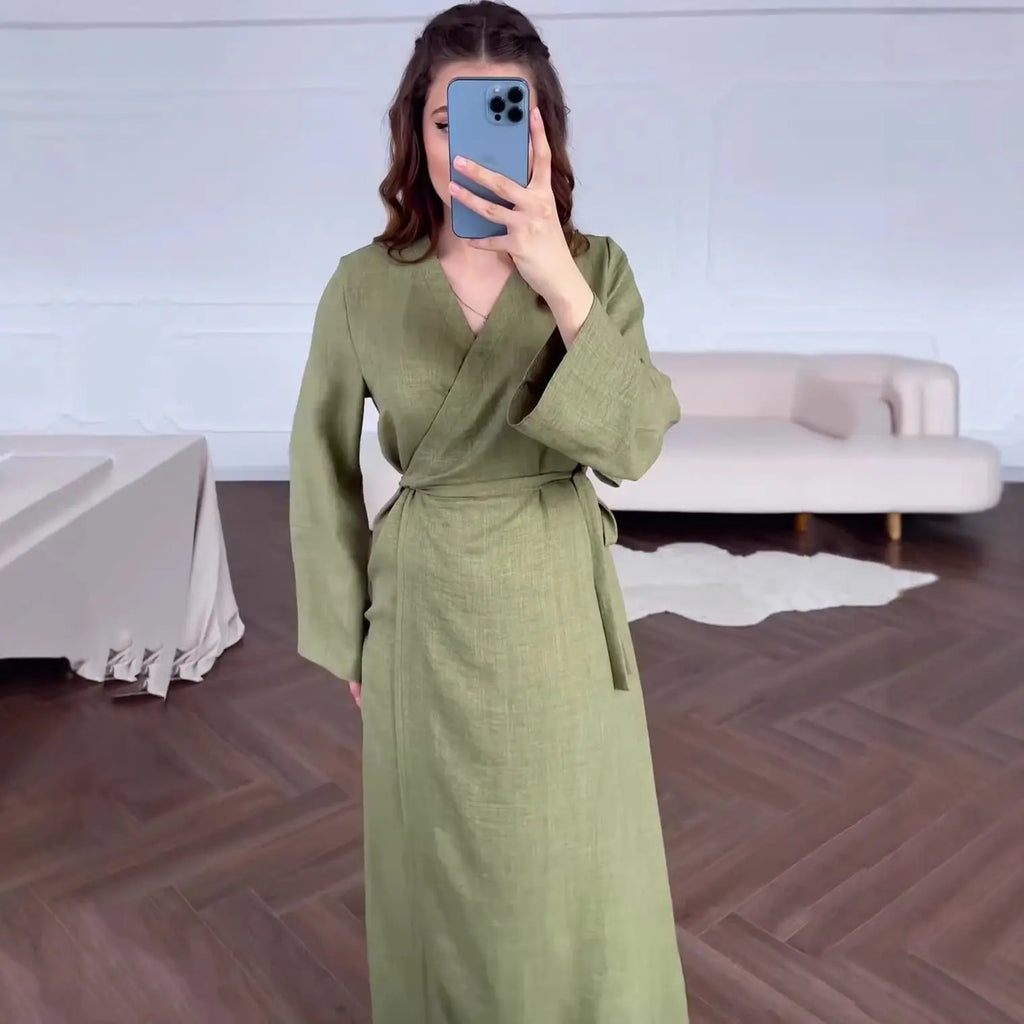 Belted Waist Long Sleeve Dress V-Neck Summer Chinese Zen Style Cool Green eprolo