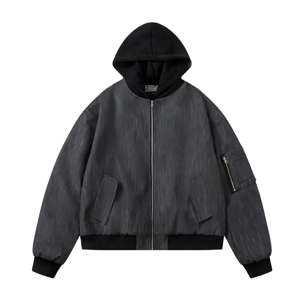 Fake two piece hooded spliced PU leather jacket eprolo