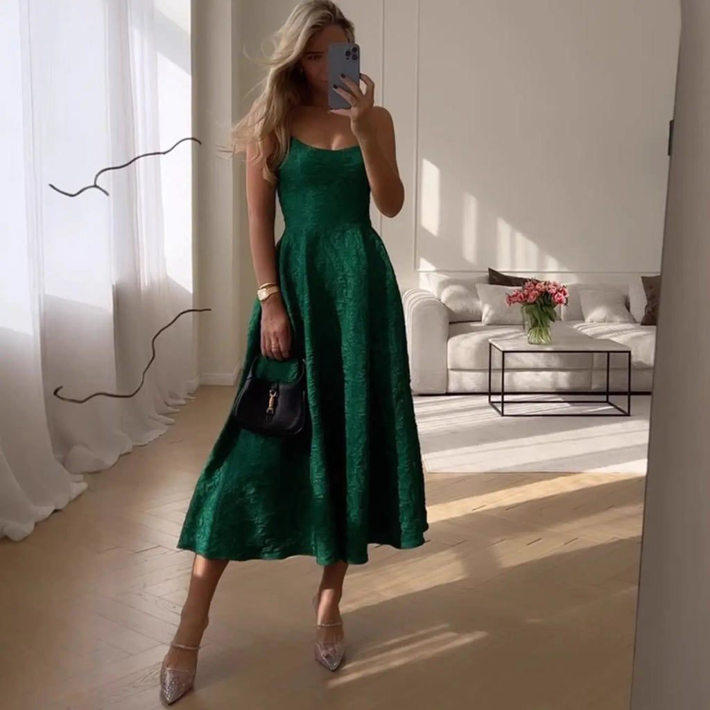 Ruched Letter Print Green Strap Long Dress with Waistline Elegant Casual Knit Dress eprolo