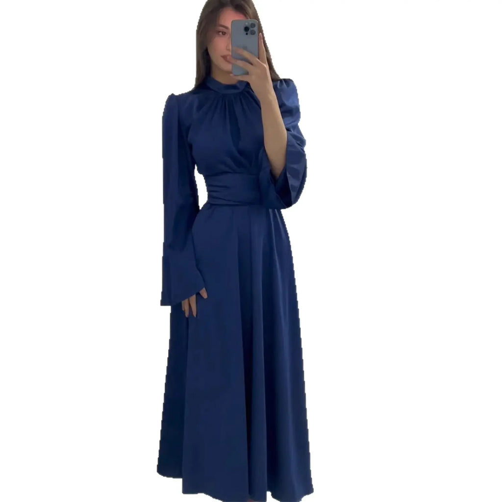 Narrow Waist  Solid Color Slimming New Design Dress for Women Long Sleeve Maxi Dress with Belt Spring eprolo