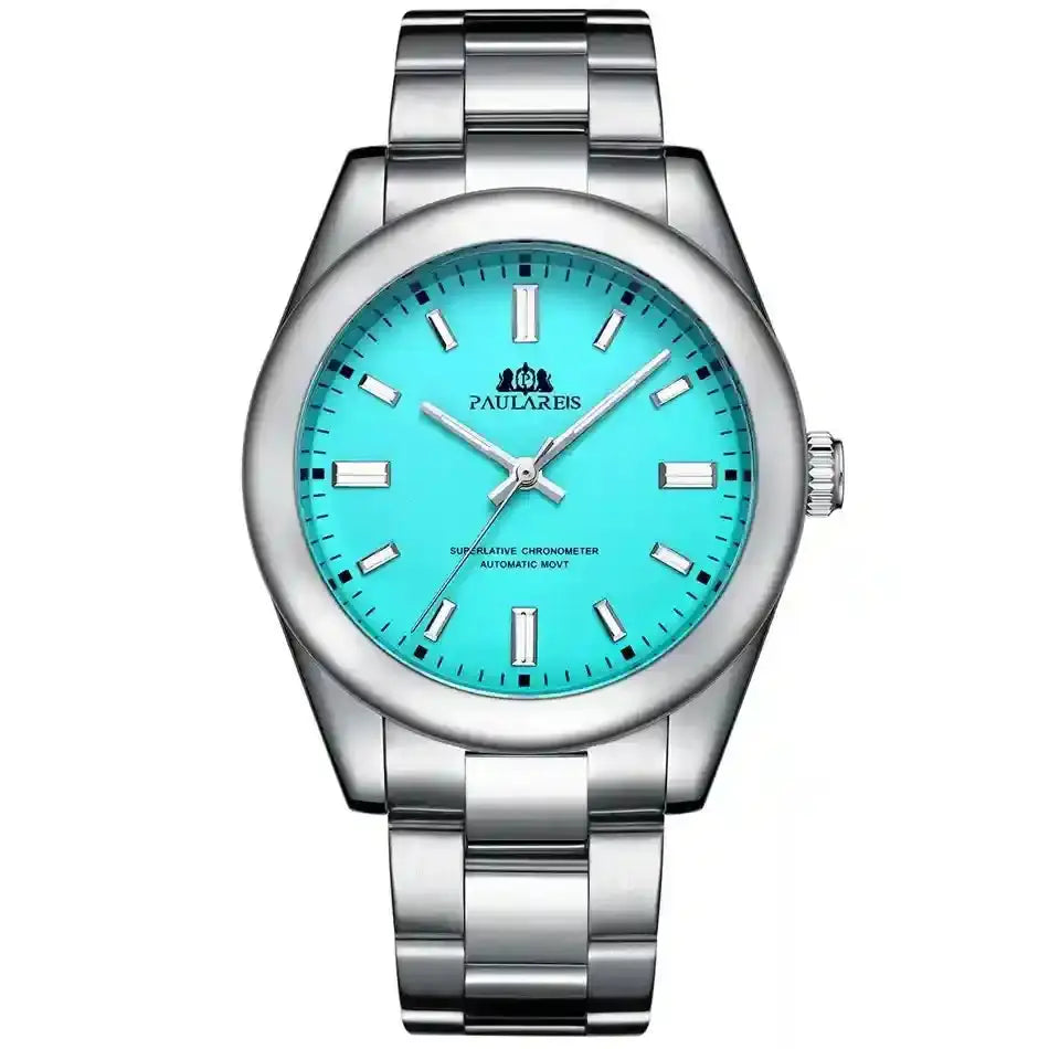 Silver stainless steel wristwatch with turquoise blue dial and minimalist markers