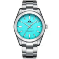 Silver stainless steel wristwatch with turquoise blue dial and minimalist markers