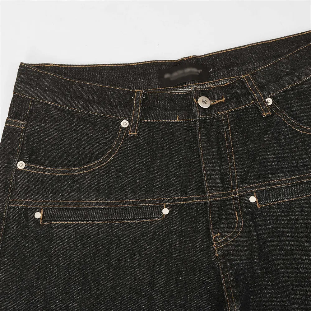 Color blocked pockets, rolled edges, denim straight leg pants eprolo