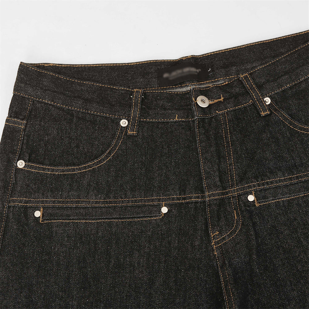 Color blocked pockets, rolled edges, denim straight leg pants