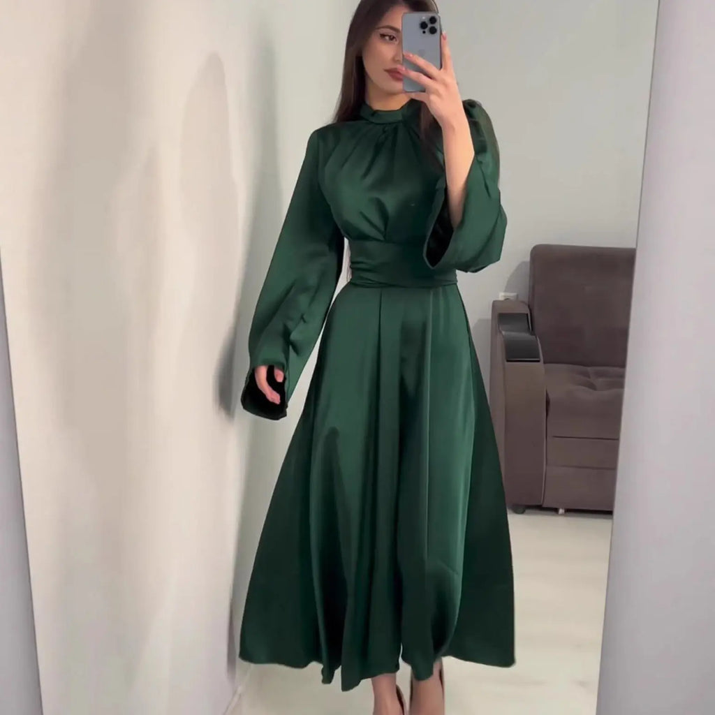 Narrow Waist  Solid Color Slimming New Design Dress for Women Long Sleeve Maxi Dress with Belt Spring eprolo