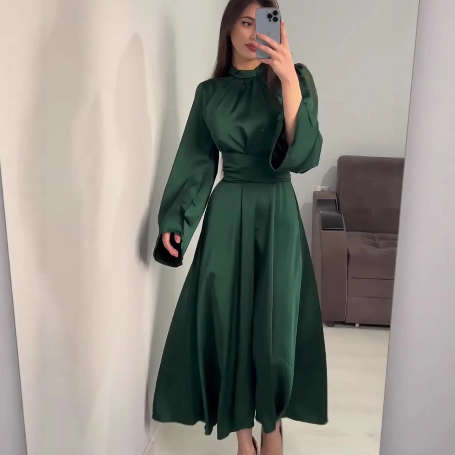 Narrow Waist  Solid Color Slimming New Design Dress for Women Long Sleeve Maxi Dress with Belt Spring eprolo
