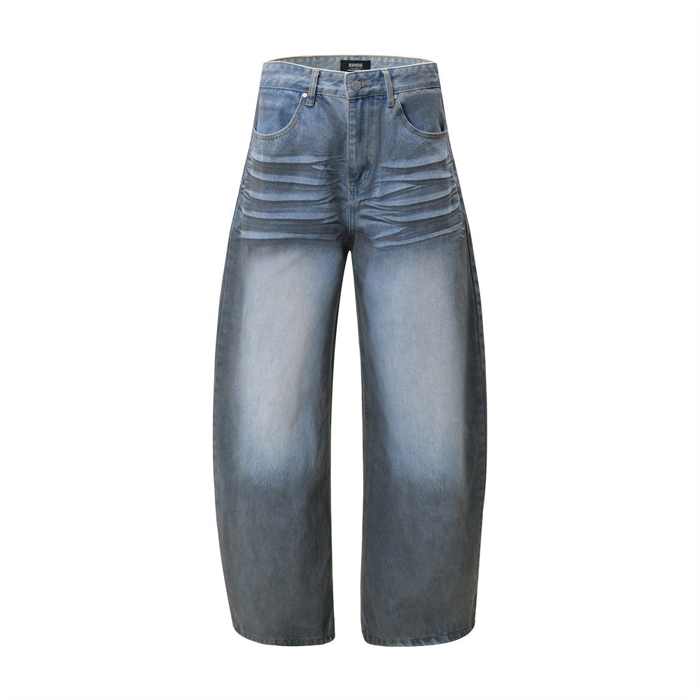 Color blocking spray painting denim curved pants