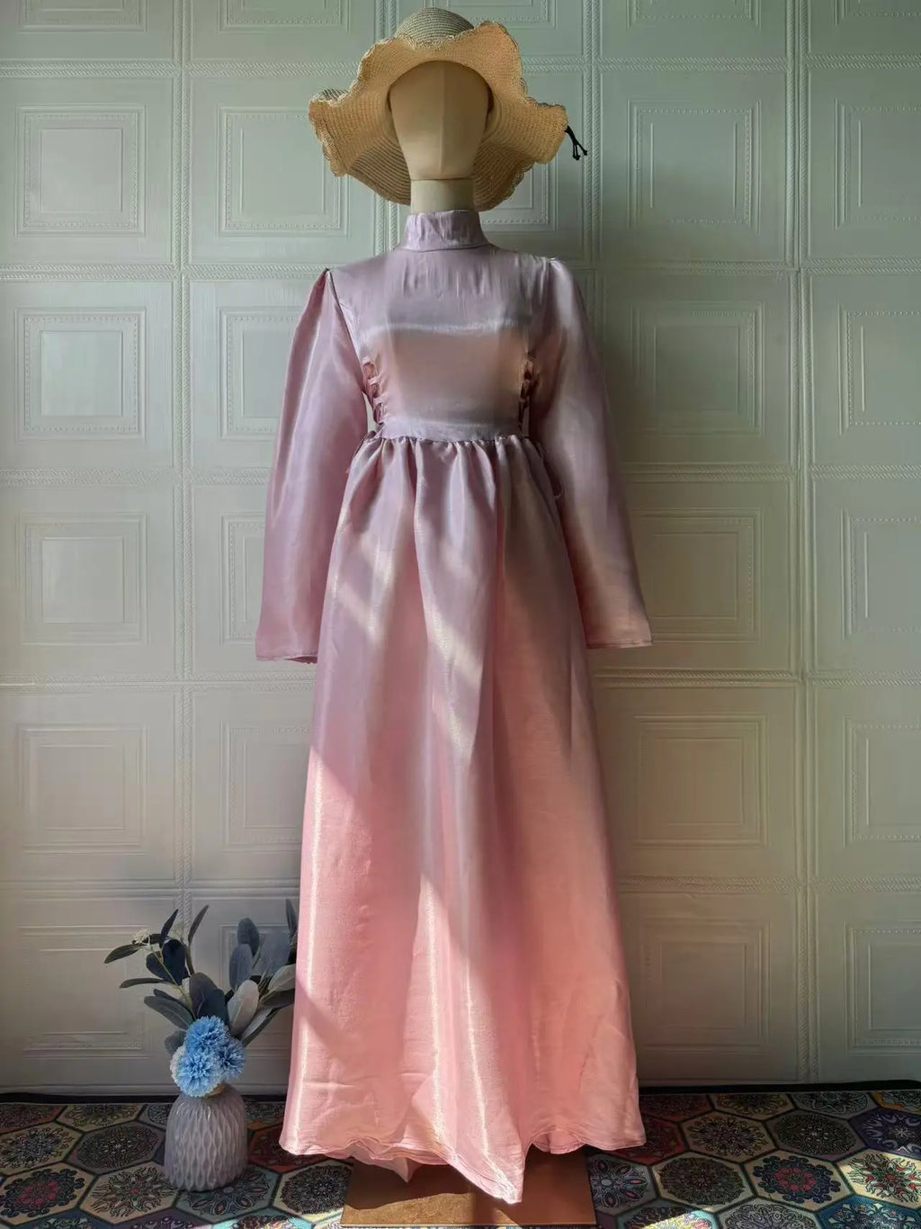 Long Sleeve Lace-Up Sheath Dress with Lantern Sleeves Spring Fashion, Floor-Length Dress eprolo