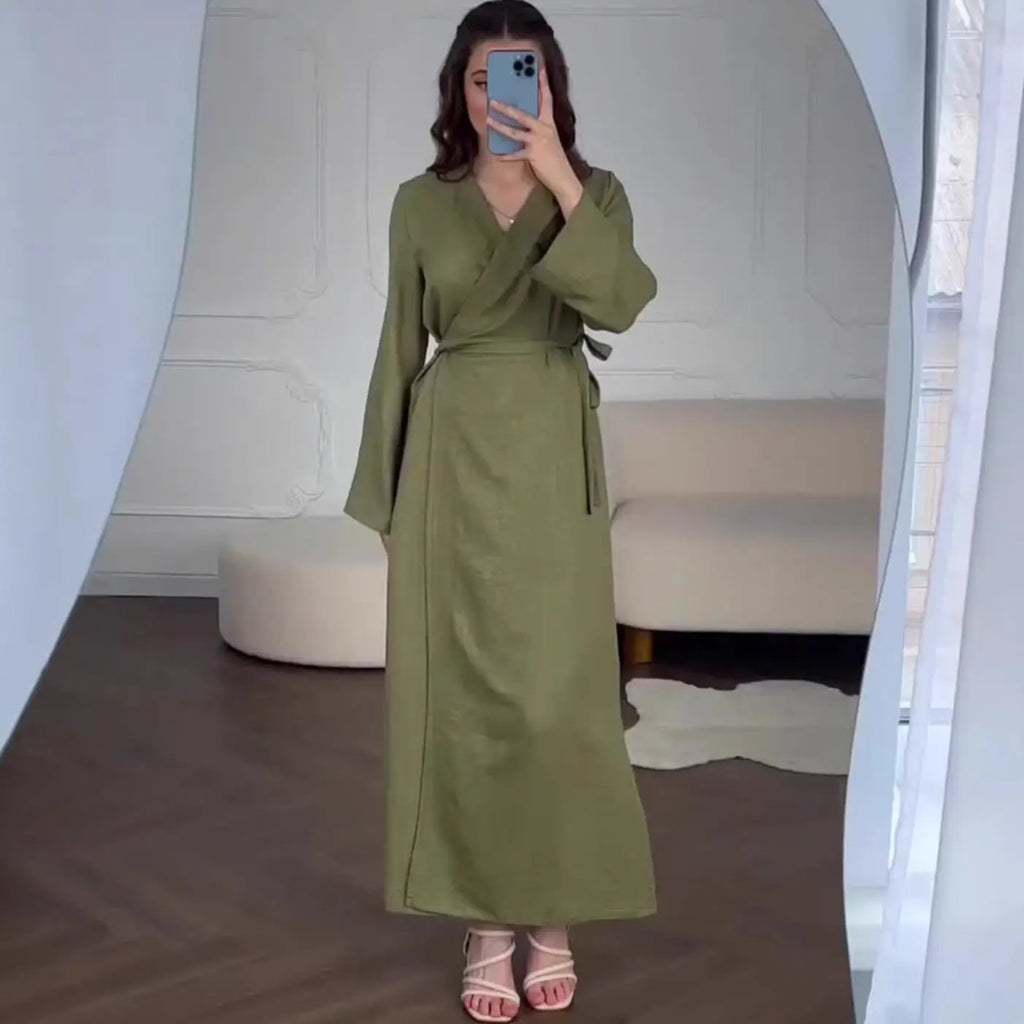Belted Waist Long Sleeve Dress V-Neck Summer Chinese Zen Style Cool Green eprolo