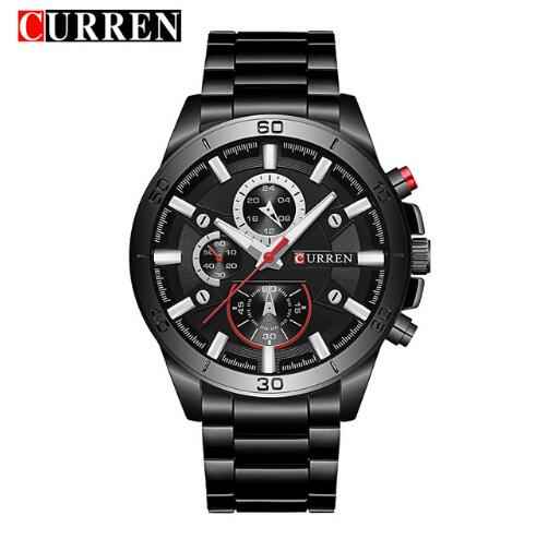 Black Curren men's chronograph wristwatch with stainless steel band and red accents