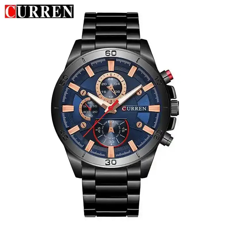 Black metal men's chronograph watch with blue dial and rose gold accents