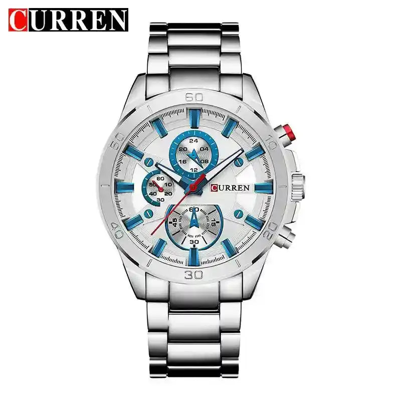 Men's silver stainless steel analog chronograph watch with blue accents and subdials