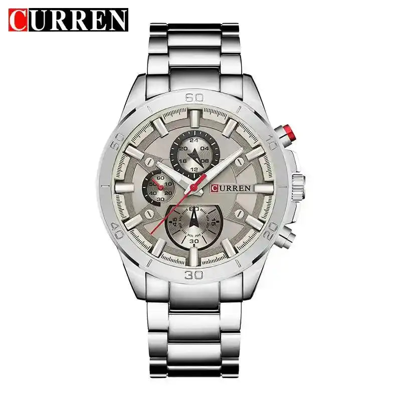 Silver stainless steel chronograph wristwatch with multiple subdials and silver band