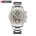 Silver stainless steel chronograph wristwatch with multiple subdials and silver band