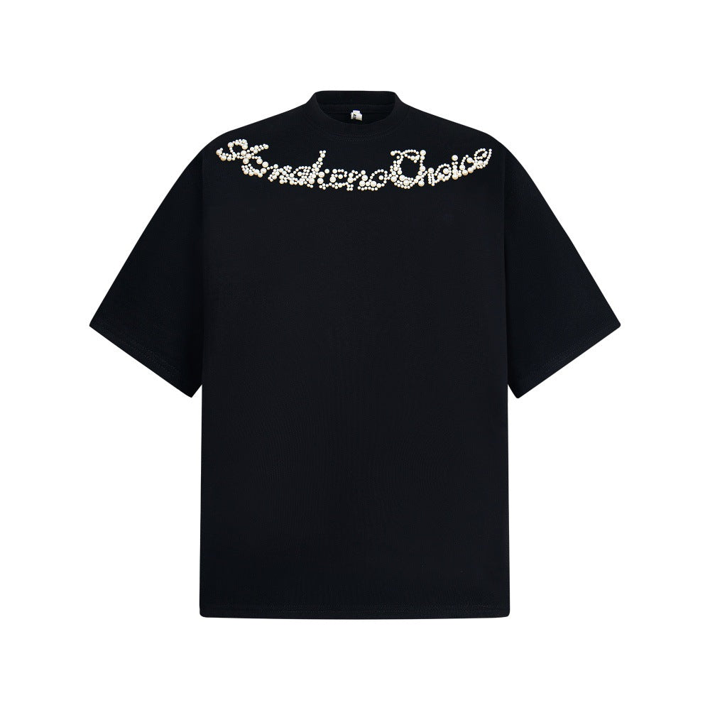 Nail bead letter pure cotton short sleeved shirt