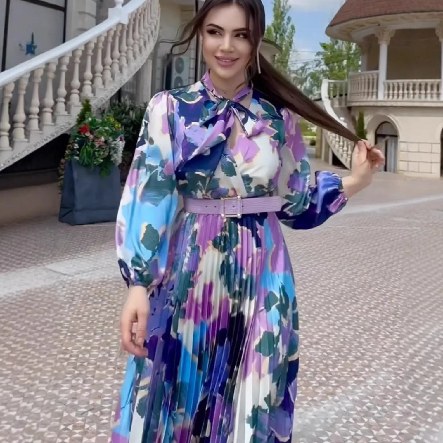 Printed Scarf Neck Elegant Design Dress Spring Fitted Waist New Puff Sleeve eprolo