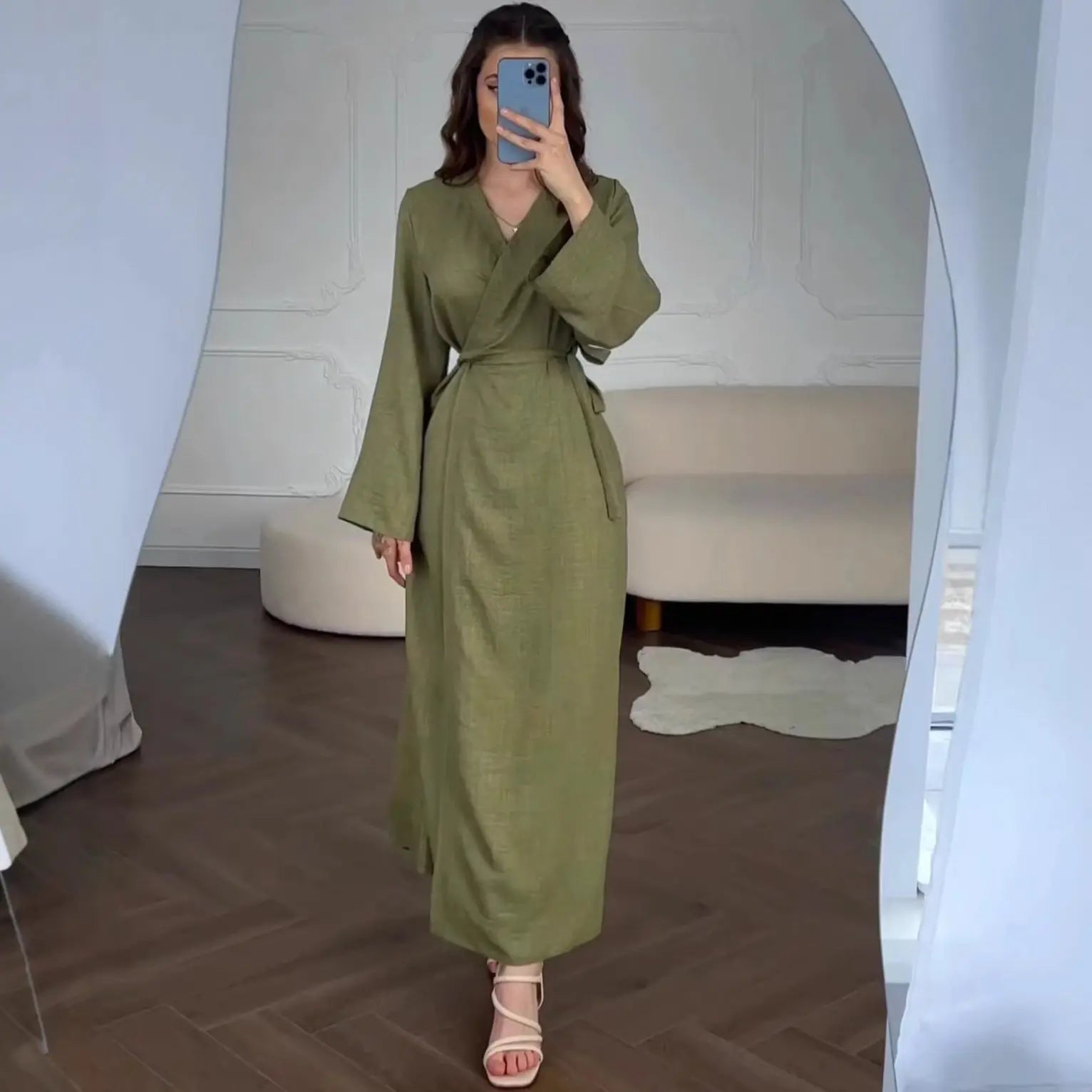 Belted Waist Long Sleeve Dress V-Neck Summer Chinese Zen Style Cool Green eprolo