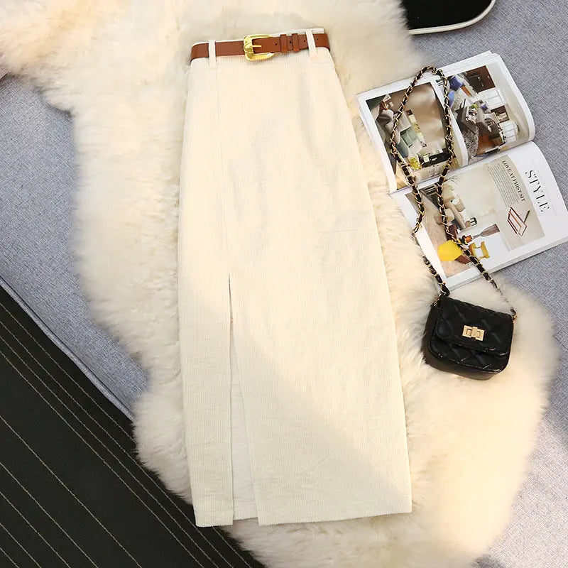 Corduroy slit skirt for women eprolo