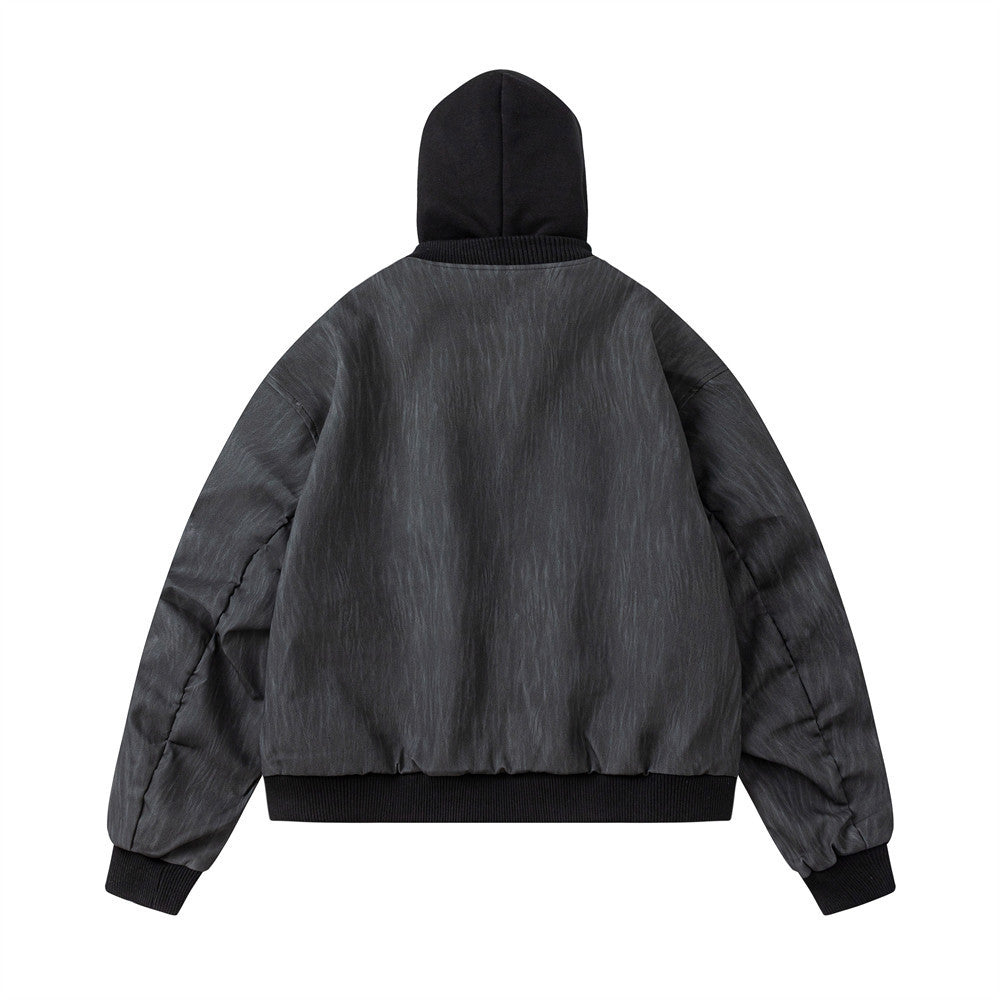 Fake two piece hooded spliced PU leather jacket