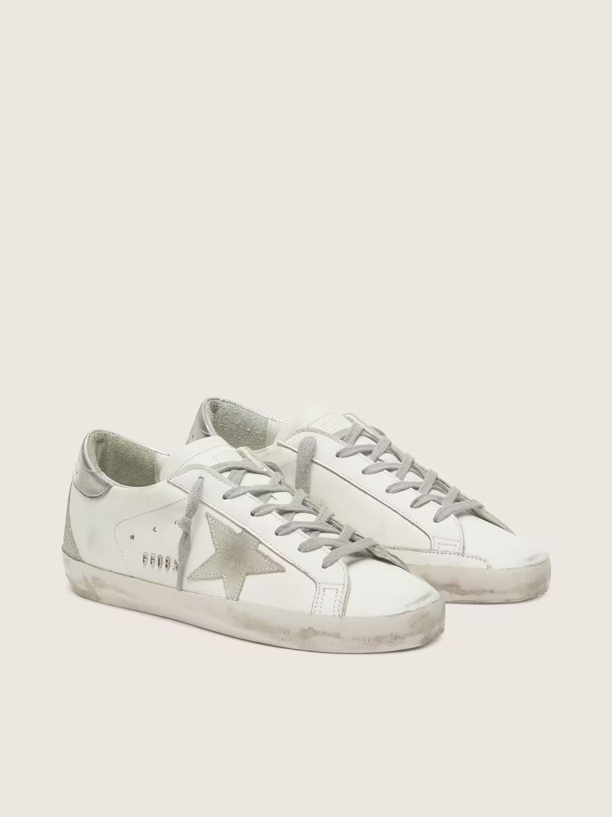 Golden Goose Super-Star with silver sparkle foxing and lettering sneakers