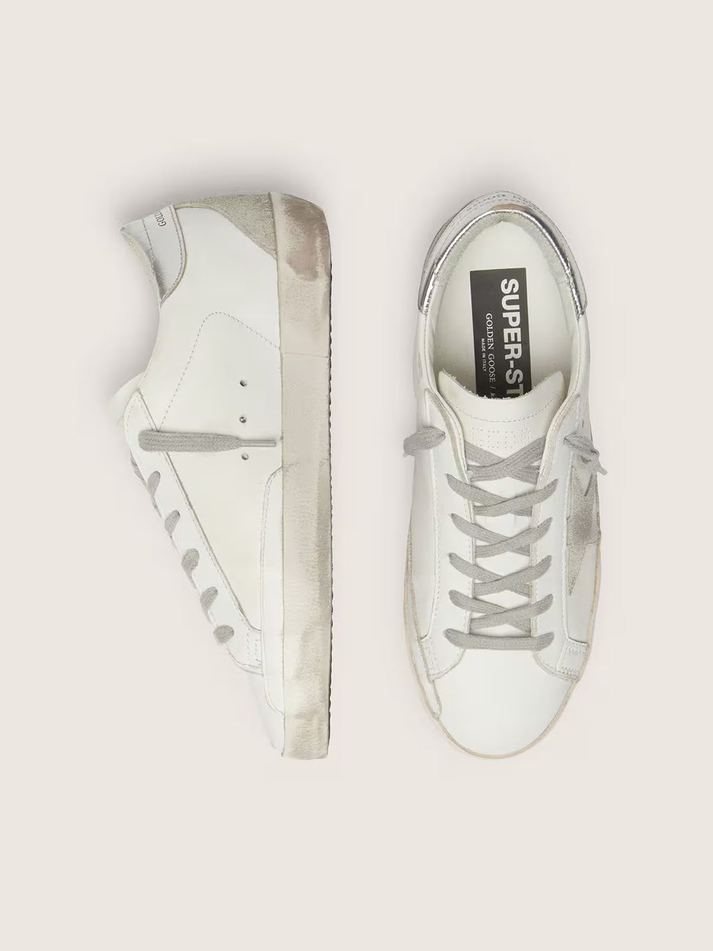 Golden Goose Super-Star with silver sparkle foxing and lettering sneakers