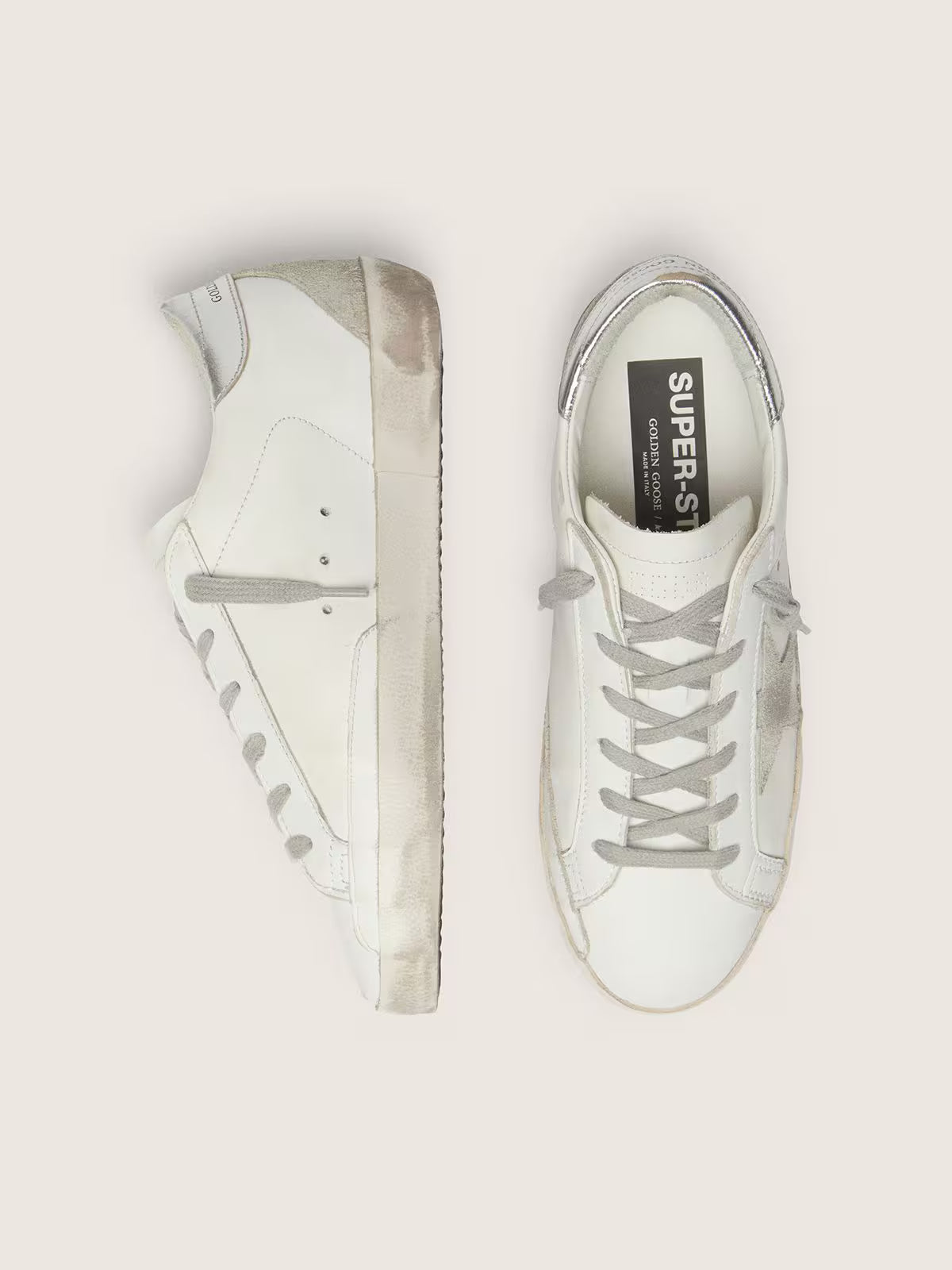 Golden Goose Super-Star with silver sparkle foxing and lettering sneakers