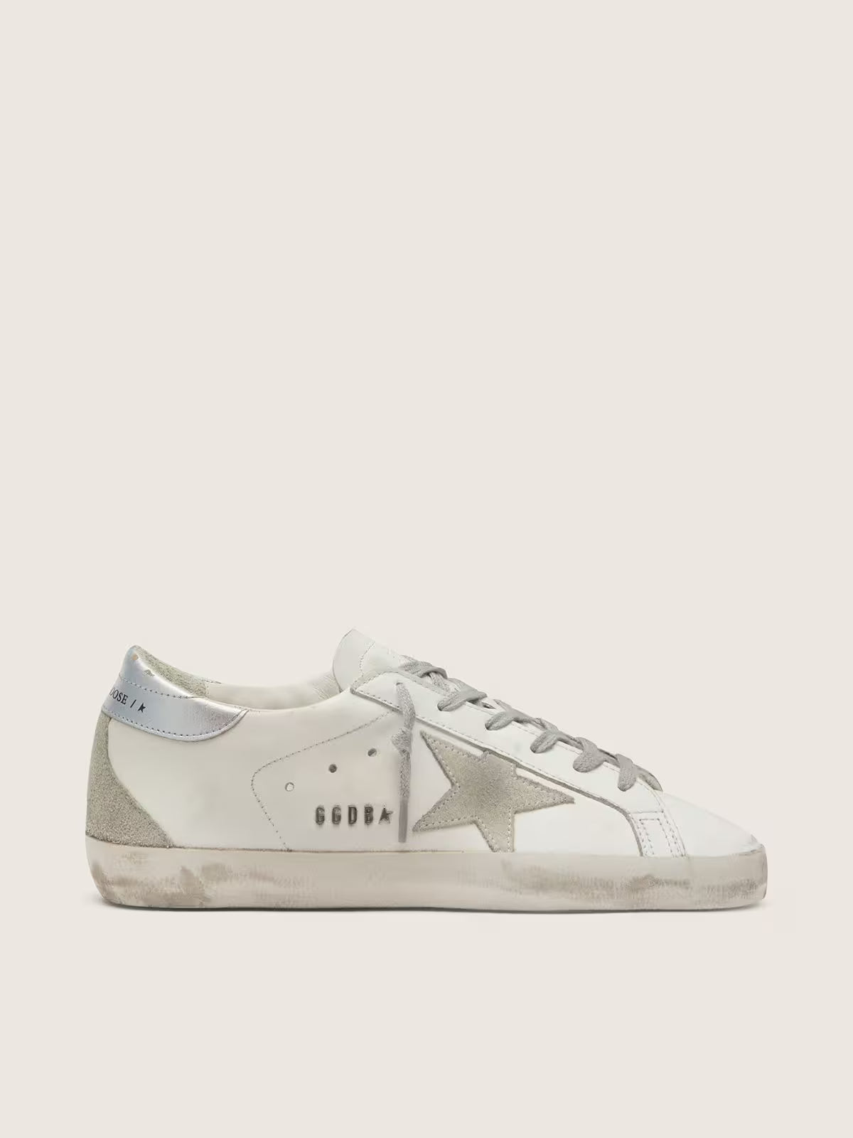 Golden Goose Super-Star with silver sparkle foxing and lettering sneakers